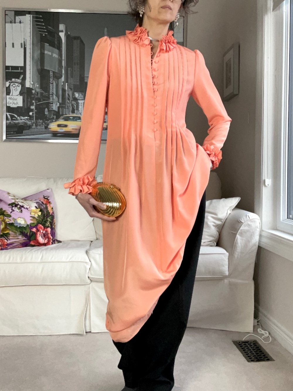 Vintage peachy orange ruffle pleated maxi dress